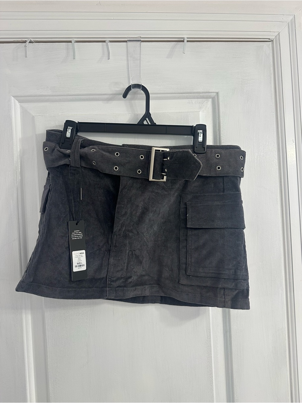 Charcoal grey Corduroy Mini Skirt with Grommet Belt